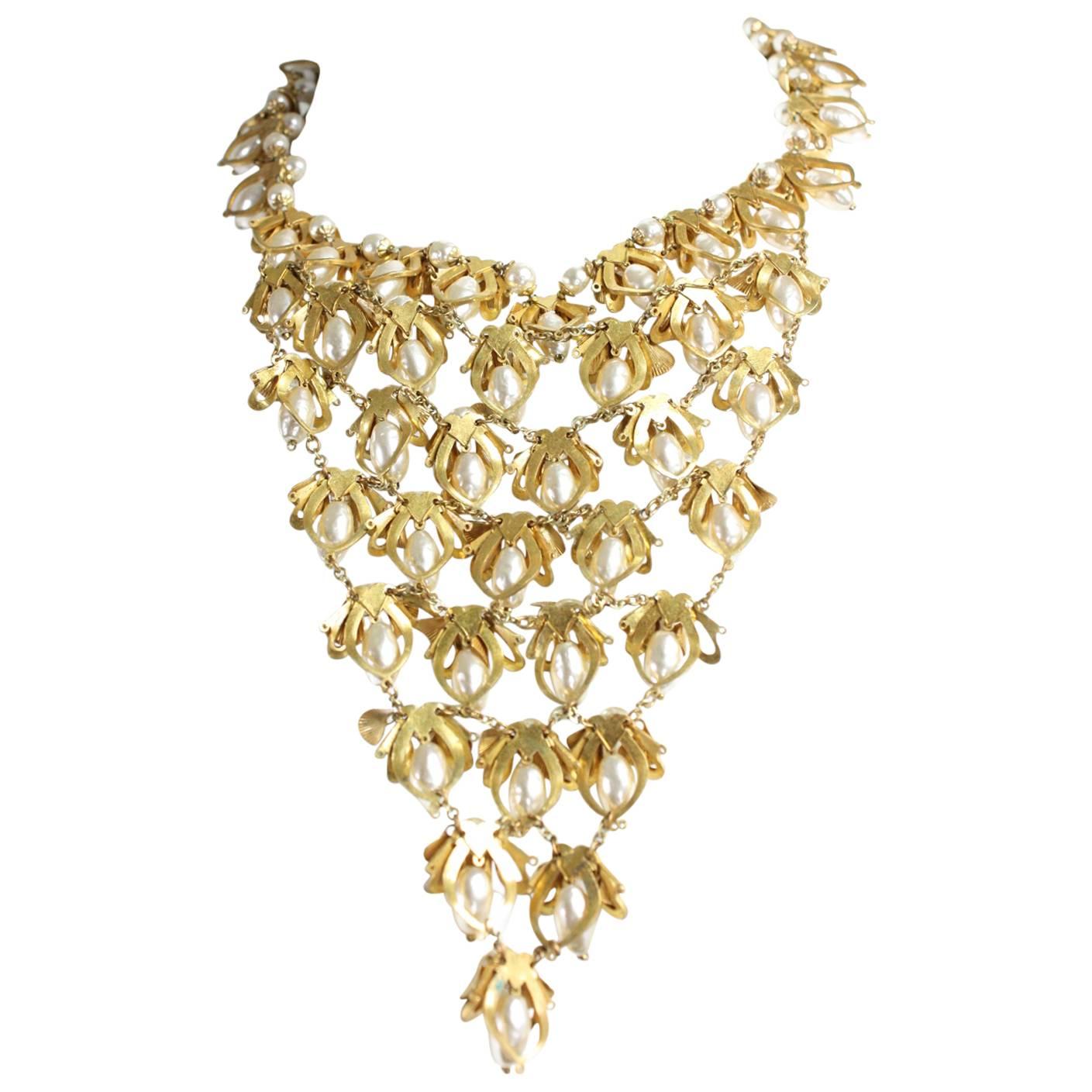 Miriam Haskell Pearl Bib Necklace For Sale
