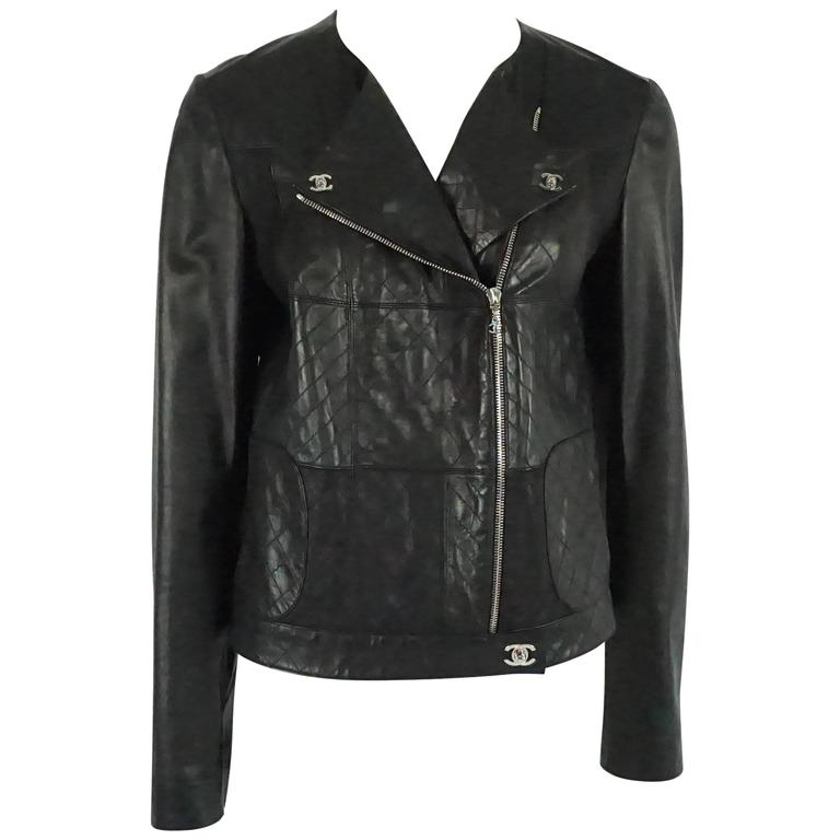 Chanel Black Leather Motorcycle Style Jacket - 40- SHW at 1stDibs