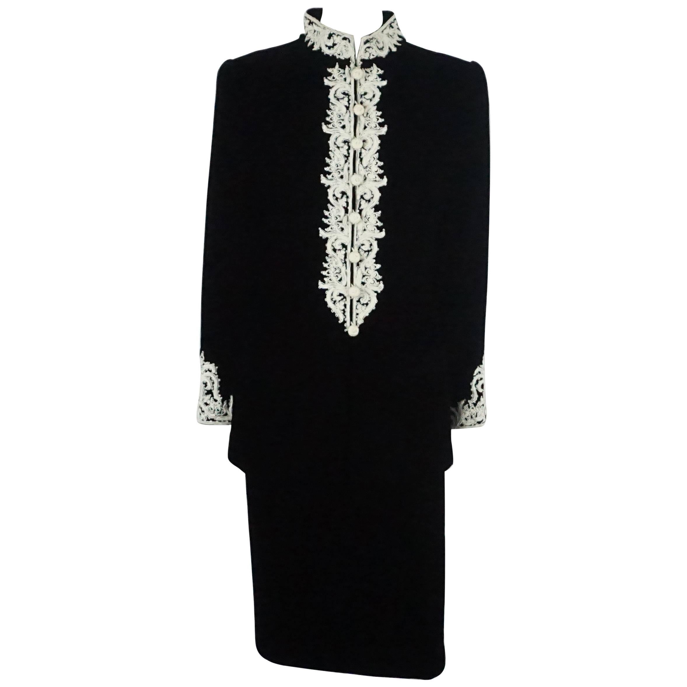 Oscar de la Renta - Costume jupe en velours noir avec broderie blanche - Taille 10 - 1990
