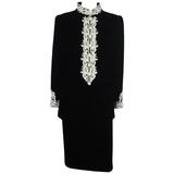Oscar De La Renta - Vestito con gonna in velluto nero e ricami bianchi - 10 - anni '90