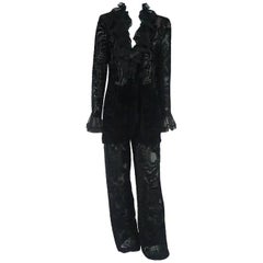 Emanuel Ungaro Black Cut Velvet Pant Suit with Ruffle Trim - 10 - 1980s 