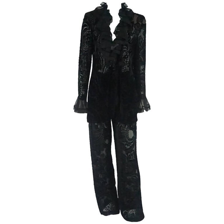 Emanuel Ungaro Black Cut Velvet Pant Suit with Ruffle Trim - 10 - 1980s ...