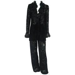 Emanuel Ungaro Black Cut Velvet Pant Suit with Ruffle Trim - 10 - 1980s 7
