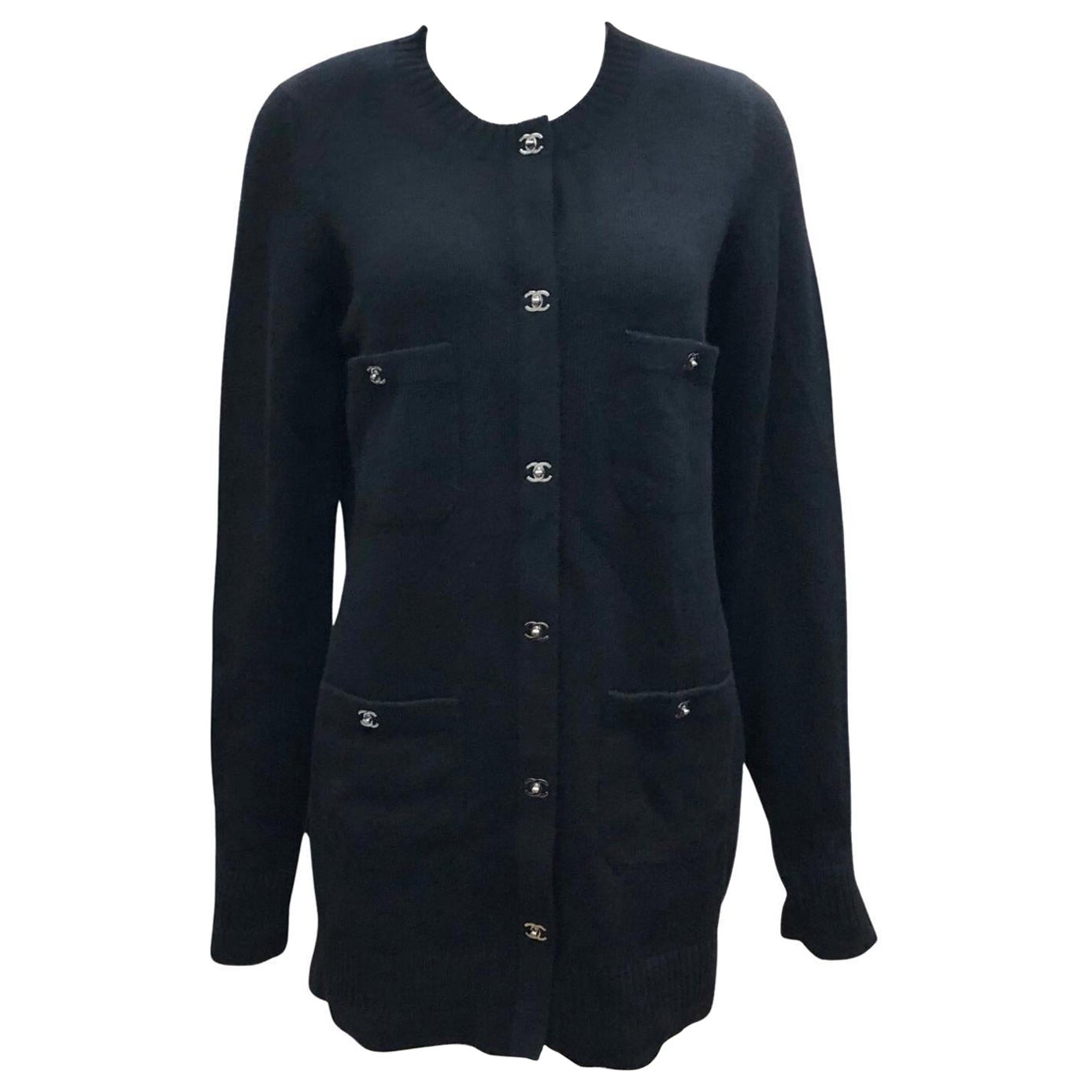 Chanel Cr95 #38 Cc Button Ensemble Cardigan Tops 100% Cashmere Black