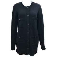 Unworn Chanel Black Cashmere Long Cardigan Sweater in Silver CC Turn-Lock 