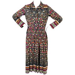 Vintage Lanvin Black Multicolor Floral Printed Button Down LS Shirt Dress.