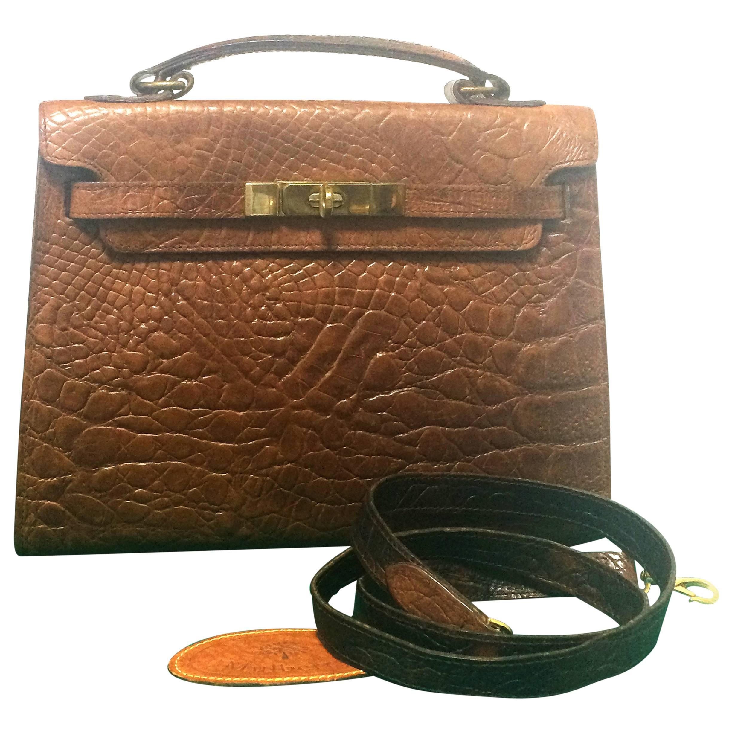 Vintage Mulberry croc embossed brown Kelly bag with shoulder strap. Roger Saul. For Sale