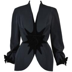 Vintage Thierry Mugler Black Wool Velvet Bow Paneled Long Sleeve Jacket Size 38