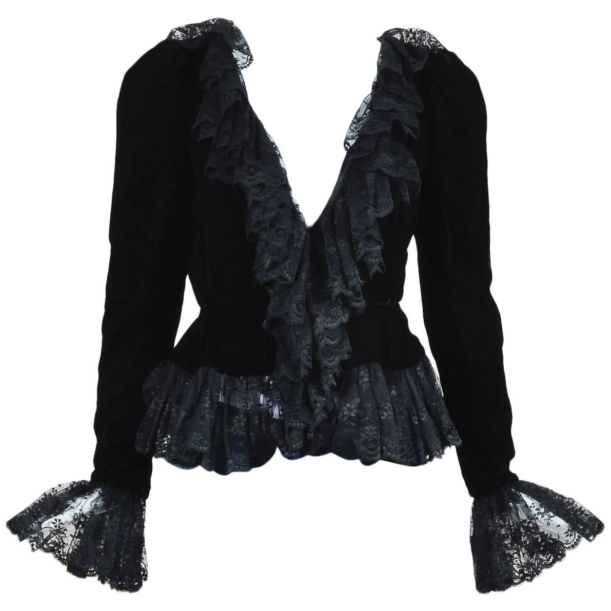 Vintage Oscar de la Renta Black Velvet & Ruffled Lace LS Blouse Jacket Size 6 For Sale