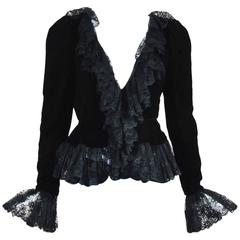 Vintage Oscar de la Renta Black Velvet & Ruffled Lace LS Blouse Jacket Size 6