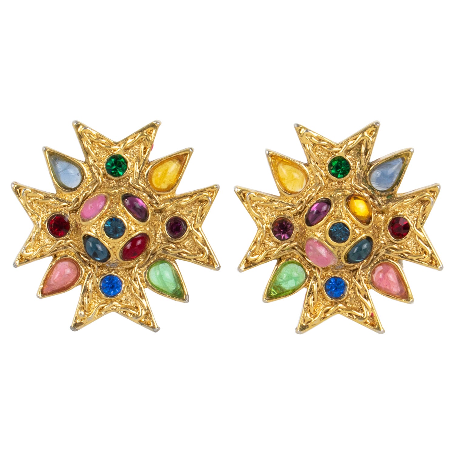 Guy Laroche Gilt Metal and Multicolor Jeweled Clip Earrings For Sale