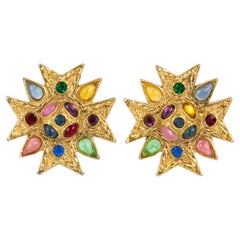 Retro Guy Laroche Gilt Metal and Multicolor Jeweled Clip Earrings