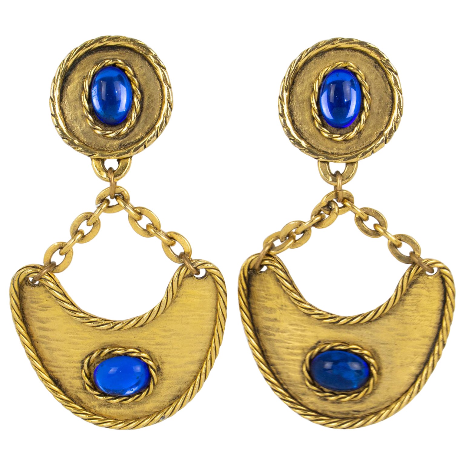 Mercedes Robirosa Style Gilt Metal Dangle Clip Earrings with Blue Cabochons For Sale