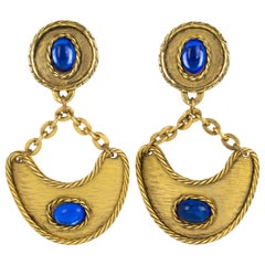 Retro Mercedes Robirosa Style Gilt Metal Dangle Clip Earrings with Blue Cabochons