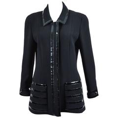 Vintage Chanel Black Wool Patent Leather Trim Button Long Tailored Jacket SZ 44