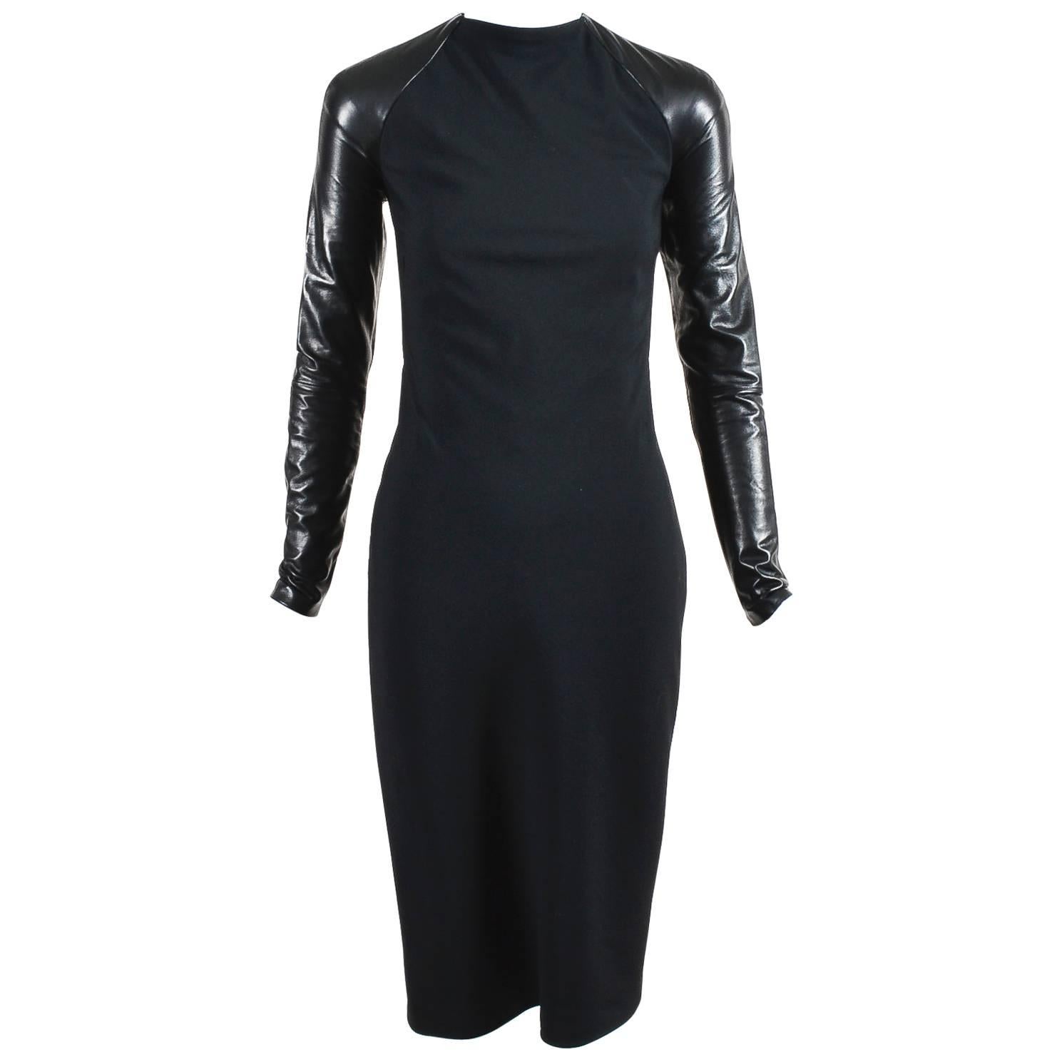 Ralph Lauren Collection RUNWAY $5295 Black Wool Leather Midi "Megan" Dress SZ 2 For Sale