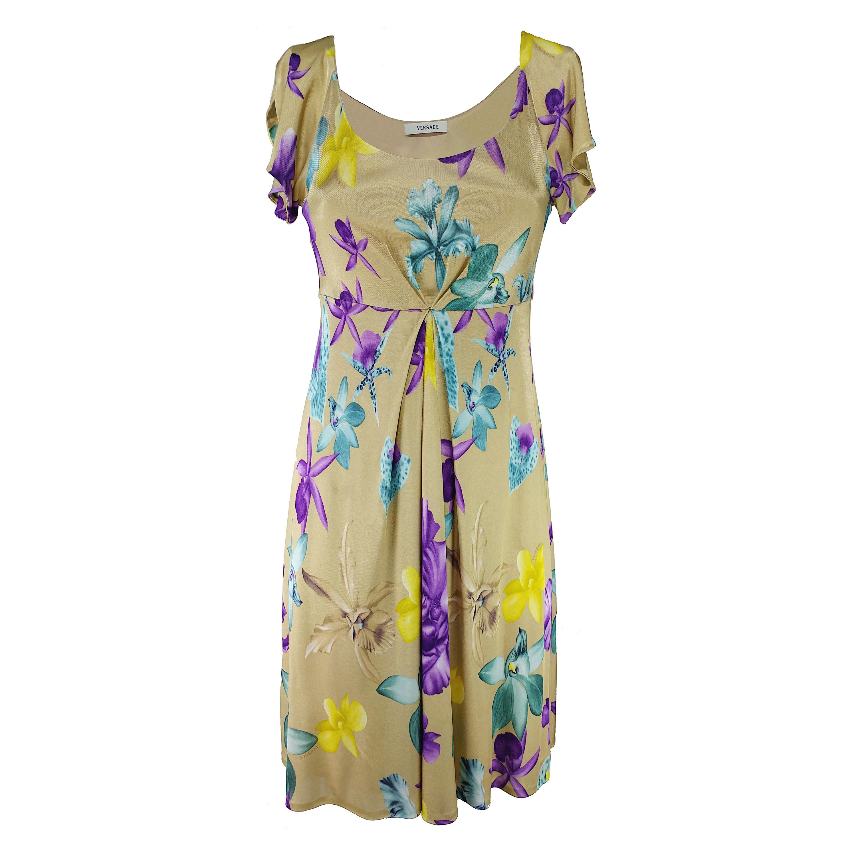VERSACE - Beige Empire Midi Dress with Floral Print  Size 6US 38EU