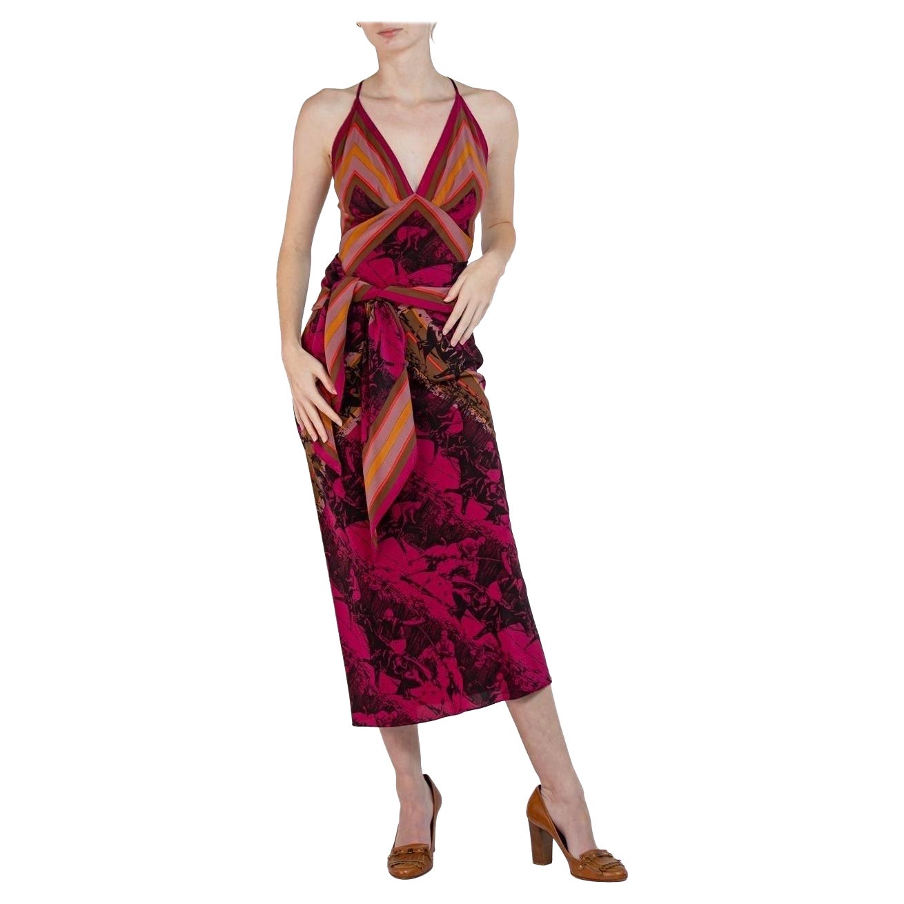 MORPHEW COLLECTION Pink & Black Silk Polo Game Print Scarf Dress Made From Vint For Sale