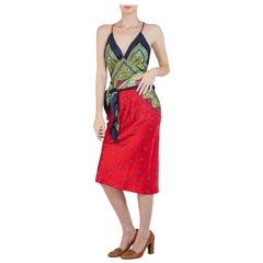 MORPHEW COLLECTION Navy Blue, Lime Green & Red Silk Twill Floral Ditsy Print Sc