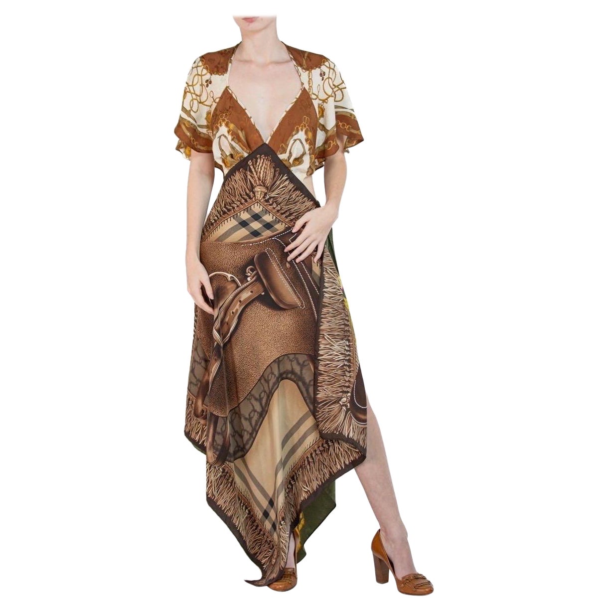 MORPHEW COLLECTION Brown & Cream Equestrian Print  Silk Longchamp 3-Scarf Dress For Sale