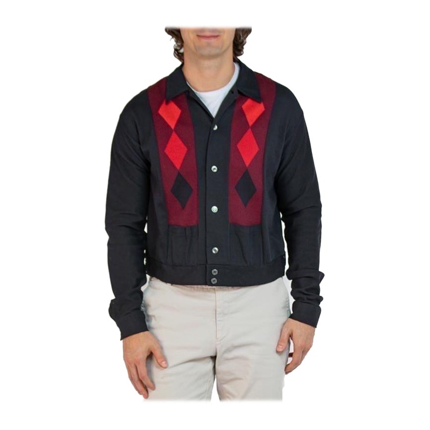 1950S - Cardigan Argyle à poches en tricot polyamide noir et rouge pour hommes en vente