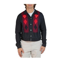 Retro 1950S Black & Red Poly Blend Knit Men's Argyle Cardigan With Pockets