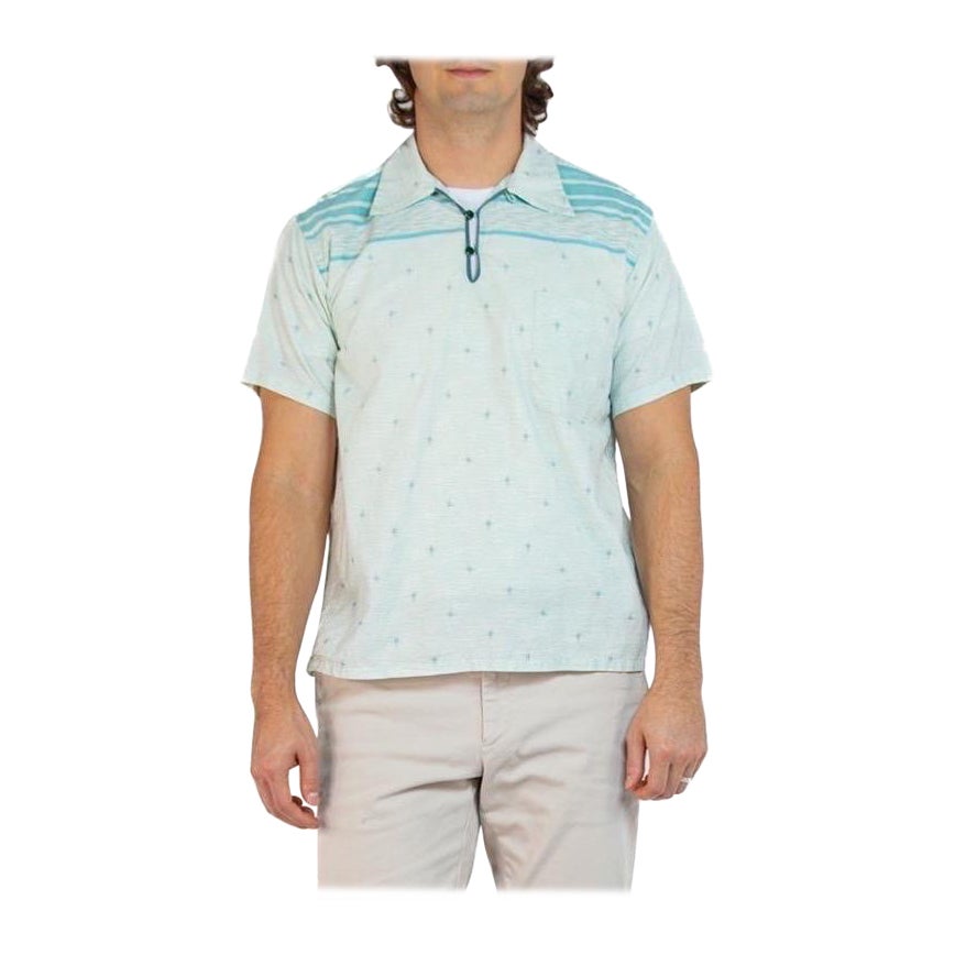 1950S Aqua Blue Cotton Men's Atomic Geometric Print Shirt For Sale