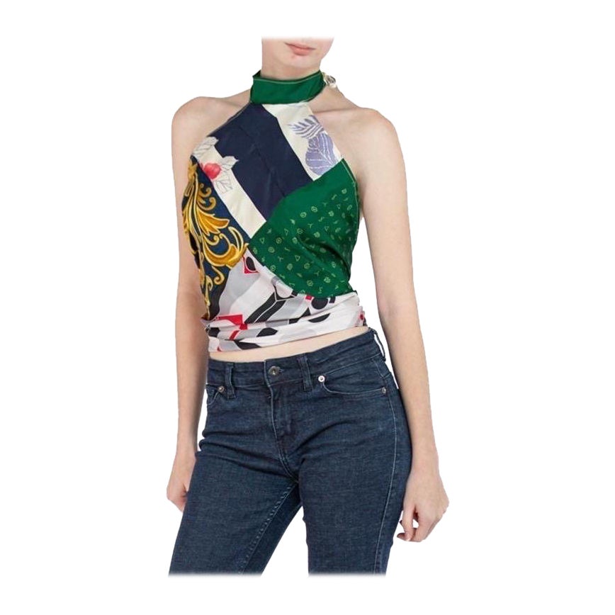MORPHEW COLLECTION Green, Gold & Navy Blue Silk Halter Tie Scarf Top For Sale
