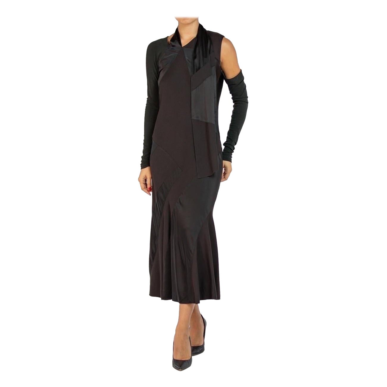 2000S DONNA KARAN Black Bias Cut Acetate & Nylon Long Sleeve  Dress For Sale