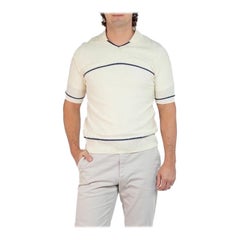 1970S HARTOG Cream Cotton & Acrylic Knit Men's Shirt With Navy Blue Stripes