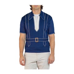 Blaues Acetat-Strickhemd für Männer aus den 1960er Jahren mit kontrastierenden weißen Verzierungen