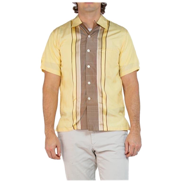 1950S PICASSO Yellow & Brown Silk Rare Men's Shirt Deadstock For Sale