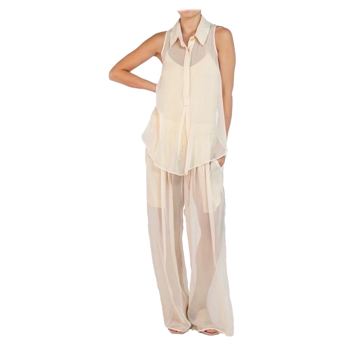 MORPHEW COLLECTION Cream Silk Chiffon & Jersey Racer Back Top For Sale