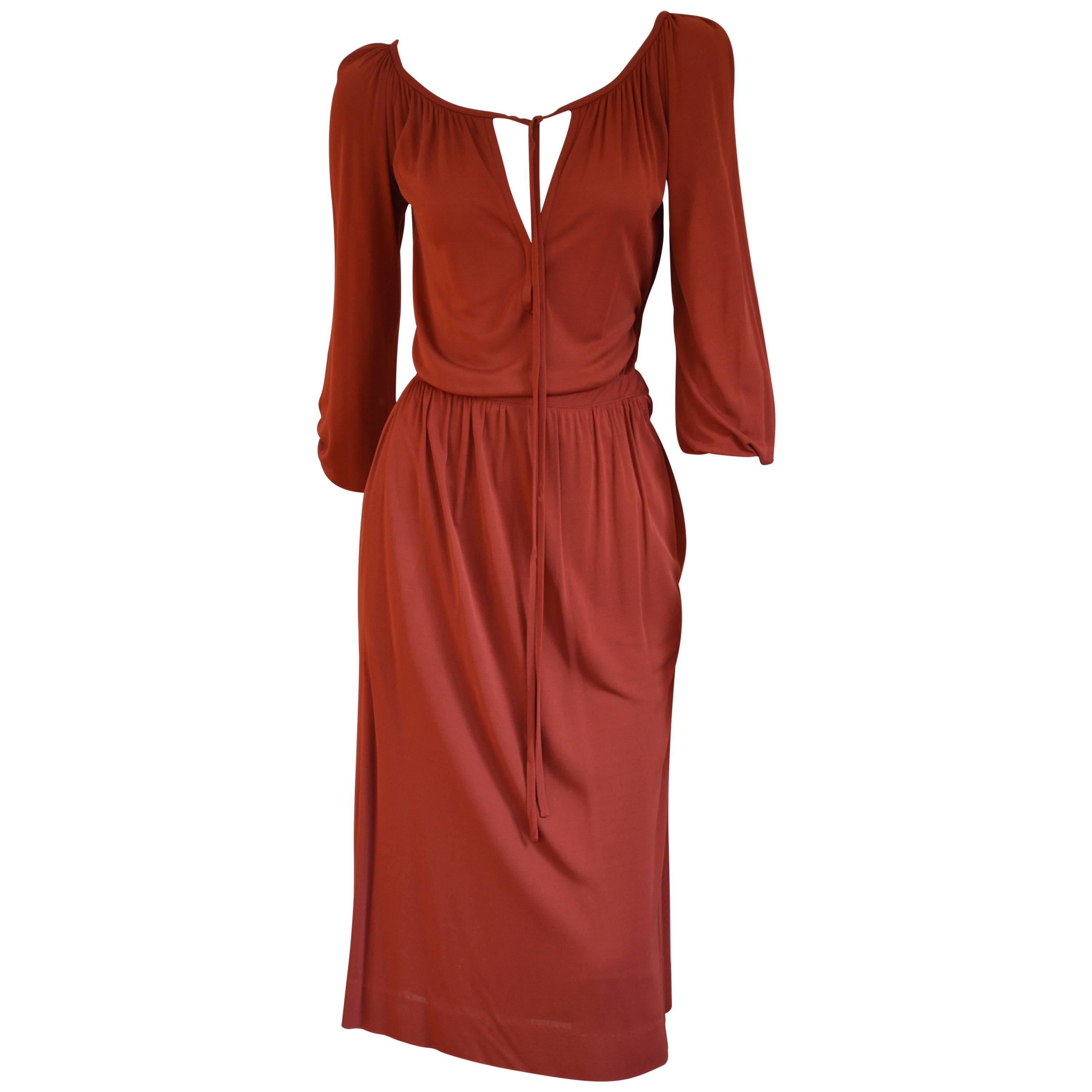 Rare Late 1980s-1990s Yves Saint Laurent Rusty Colour Silk Jersey Dress 