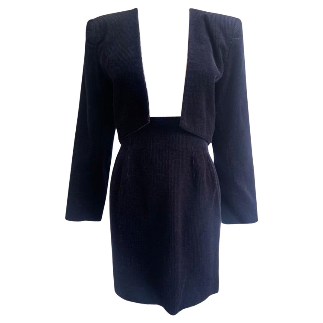 1980s Yves Saint Laurent Deep Corduroy Black Skirt Set For Sale