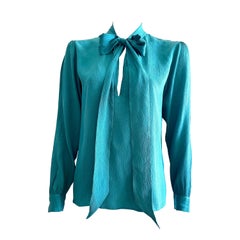 YSL 1970 Yves saint Laurent blue silk lavallière collar blouse