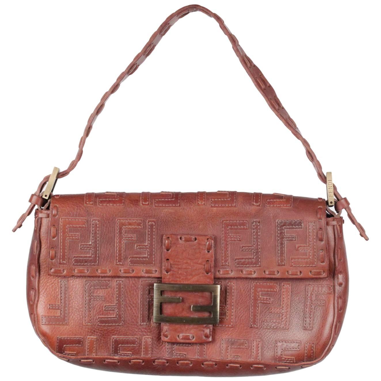 FENDI Brown Leather BAGUETTE BAG Shoulder Bag HANDBAG w/ Stitched FF LOGOS