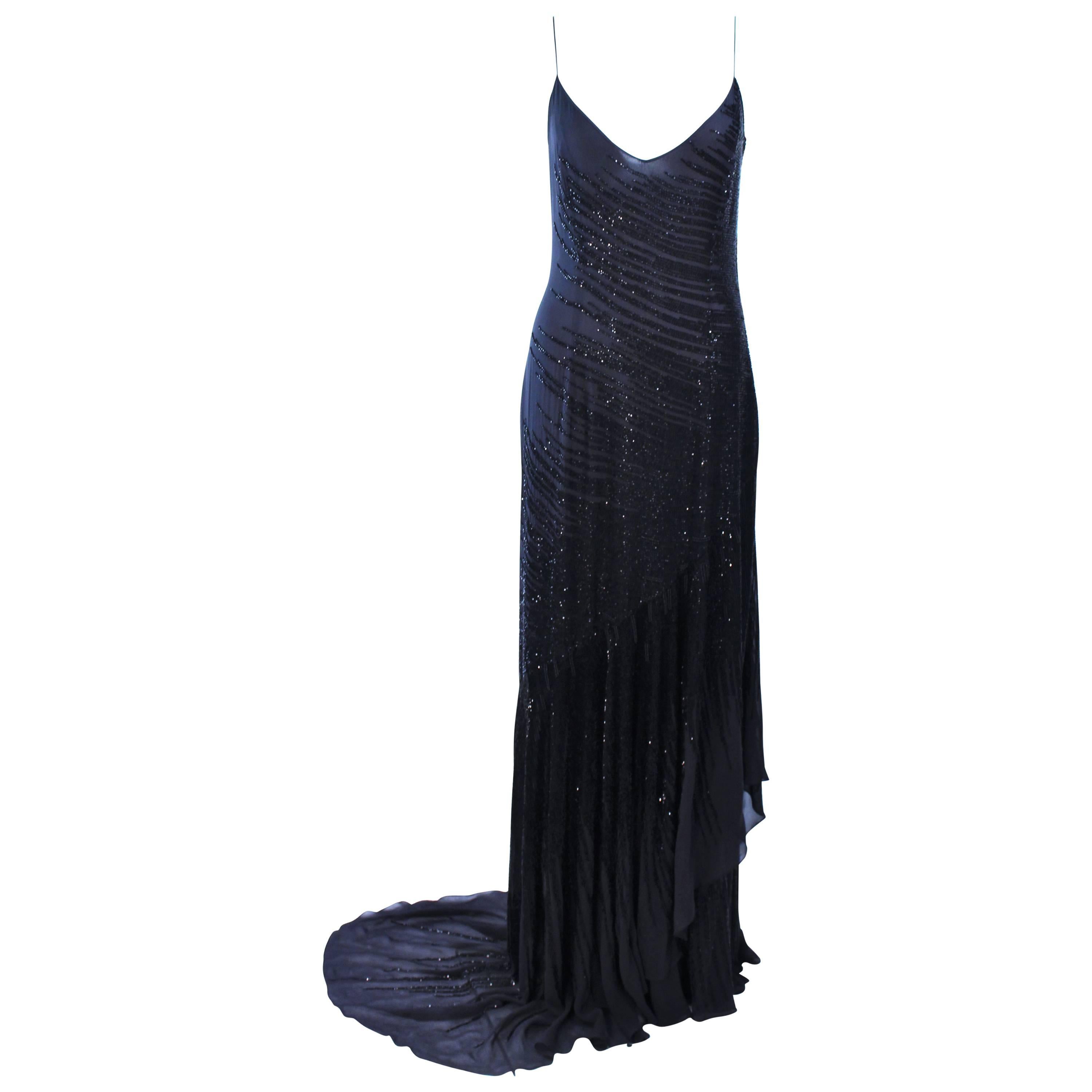AMANDA WAKELY Black Beaded Silk Chiffon Gown Size 8 For Sale
