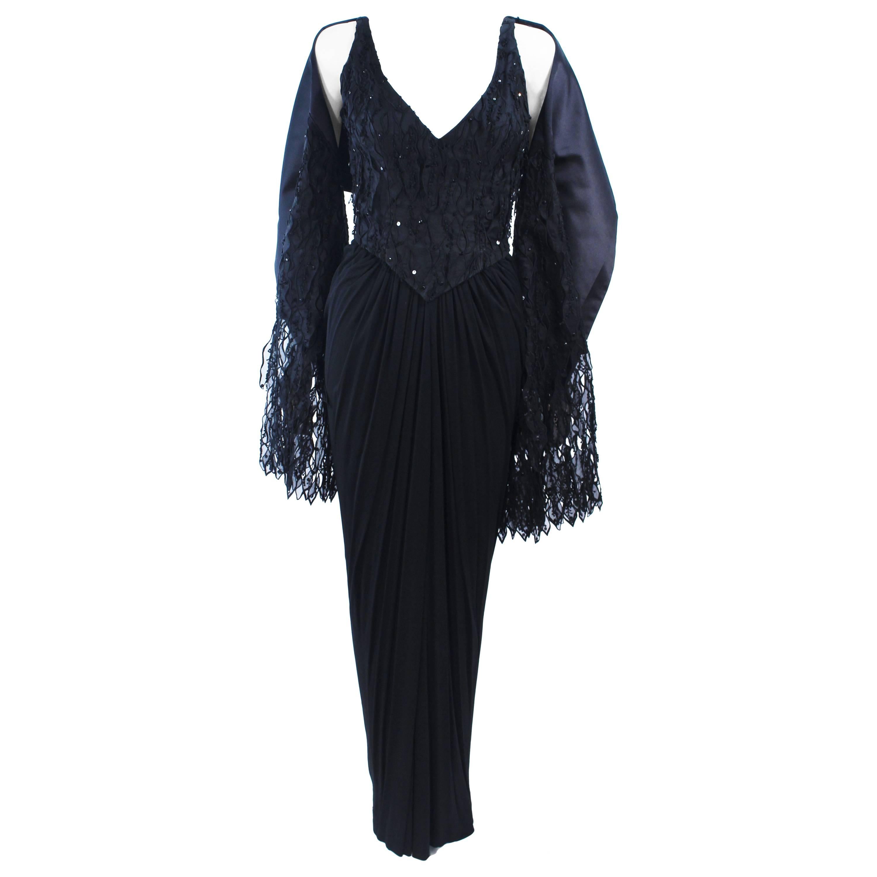 Vintage 1960's Black Silk Jersey Gown with Floral Applique & Rhinestones Size 4 For Sale