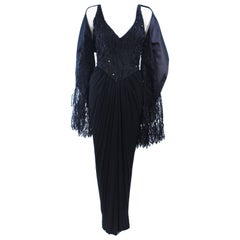 Vintage 1960's Black Silk Jersey Gown with Floral Applique & Rhinestones Size 4