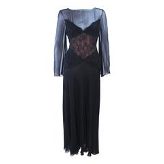 BILL BLASS Black Lace Chiffon Gown with Nude Underlay Size 10 12 1
