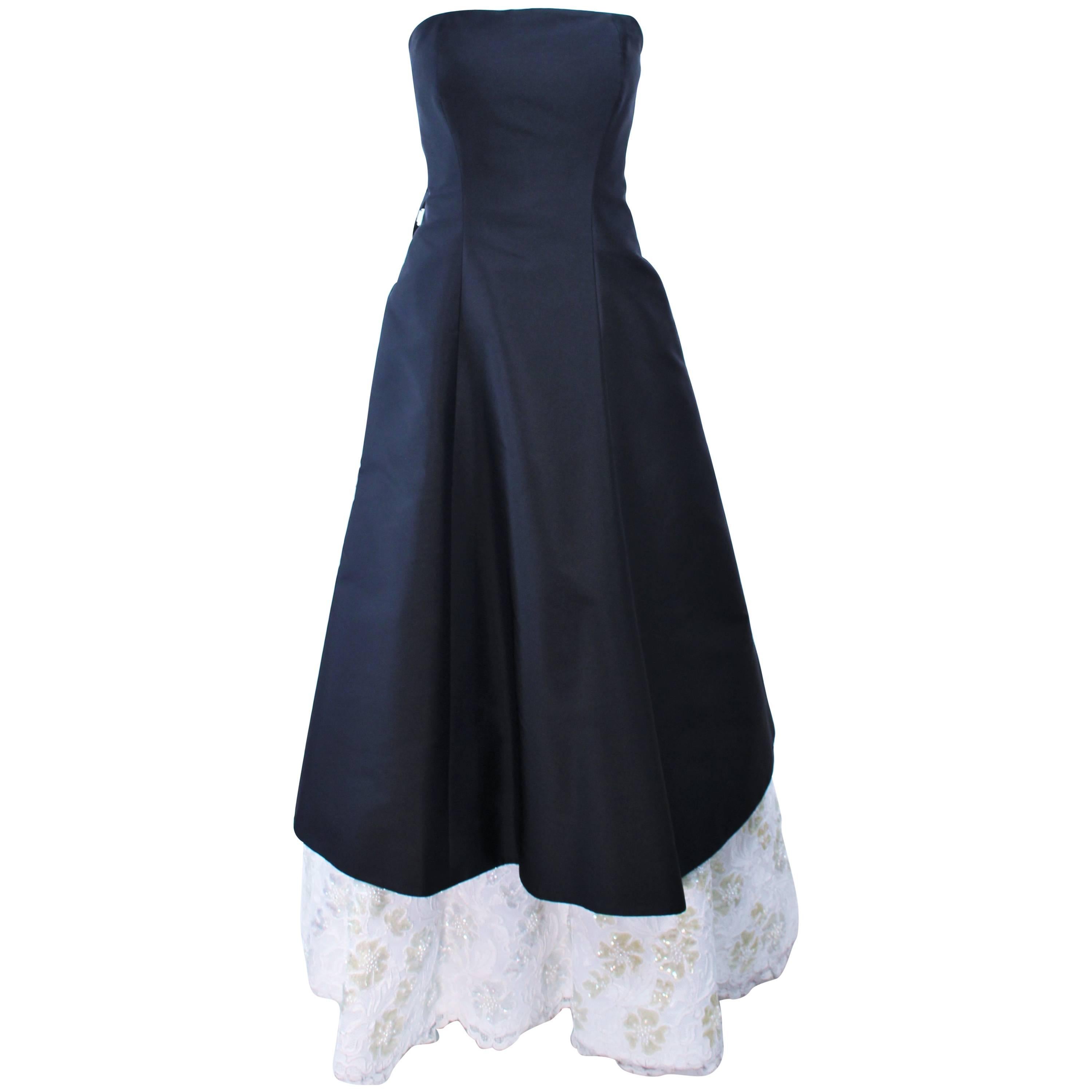 SAM CARLIN Black Silk Gown with White Sequin Lace Accents Size 6 For Sale