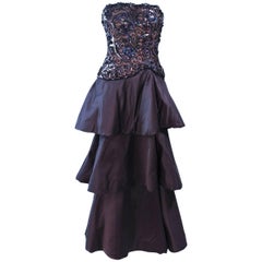 SCAASI 1980s Black & Gunmetal Lace Iridescent Sequin Tiered Gown Size 4 6
