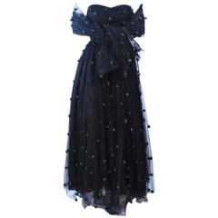 PAMELA DENNIS Attributed Black Mesh Gown with Rose Applique & Wrap Size 2 4 1