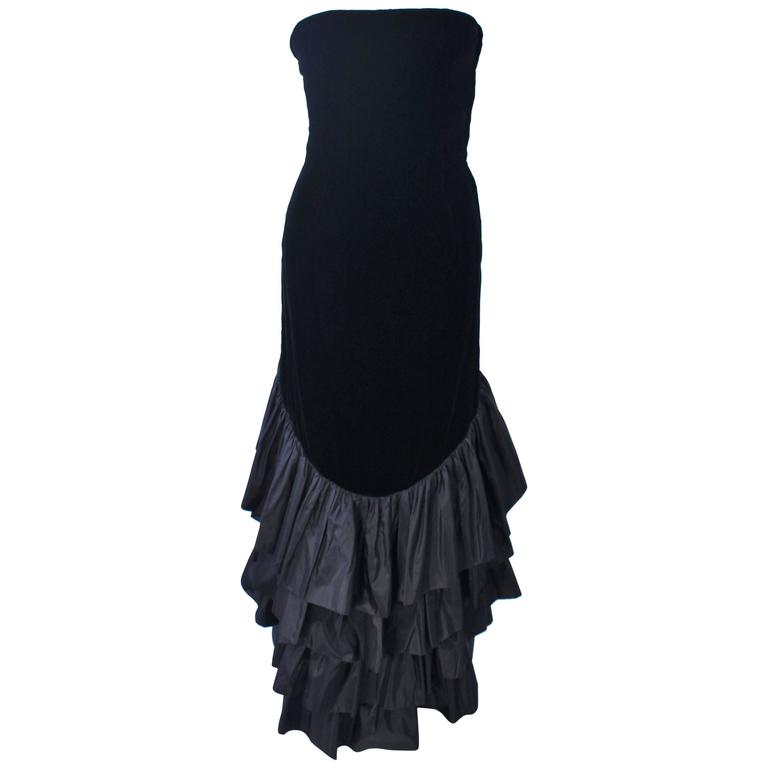 VICKY TIEL Black Velvet Gown with Dramatic Tiered Back and Hem Size 36 ...