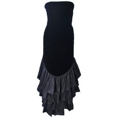 VICKY TIEL Black Velvet Gown with Dramatic Tiered Back and Hem Size 36