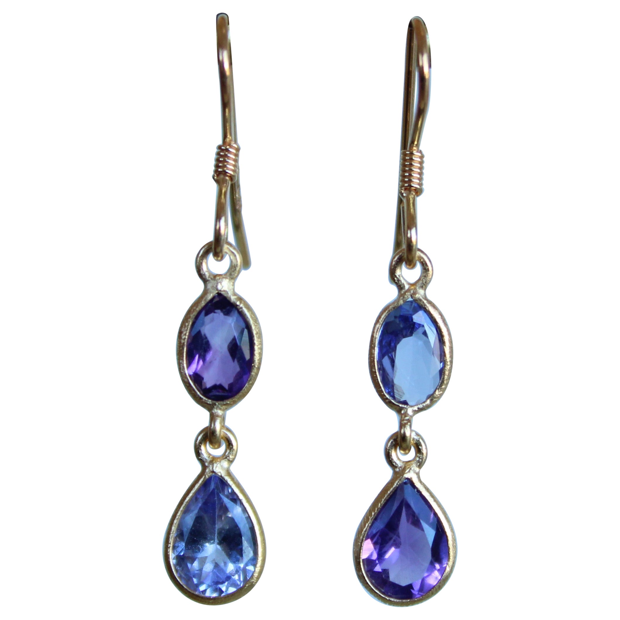 Amethyst & Tanzanite Two Stone Asymmetrical 14K Gold French Wire Dangle Earrings For Sale