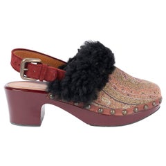 ETRO burgundy & black FUR TRIM PAISLEY Clogs Shoes 37