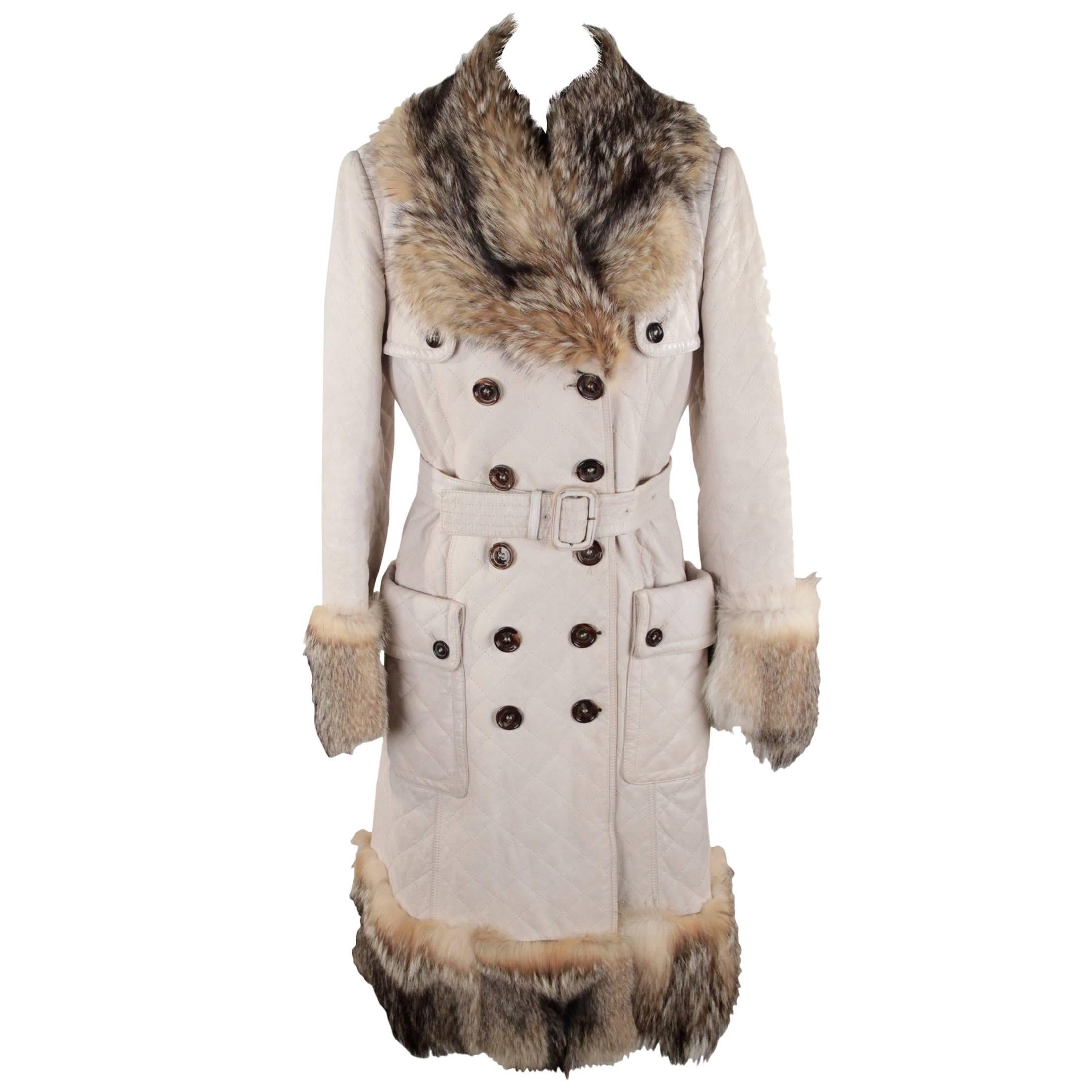 Burberry Off-white Quilted Leather Double Breasted Coat With Fur Trim 