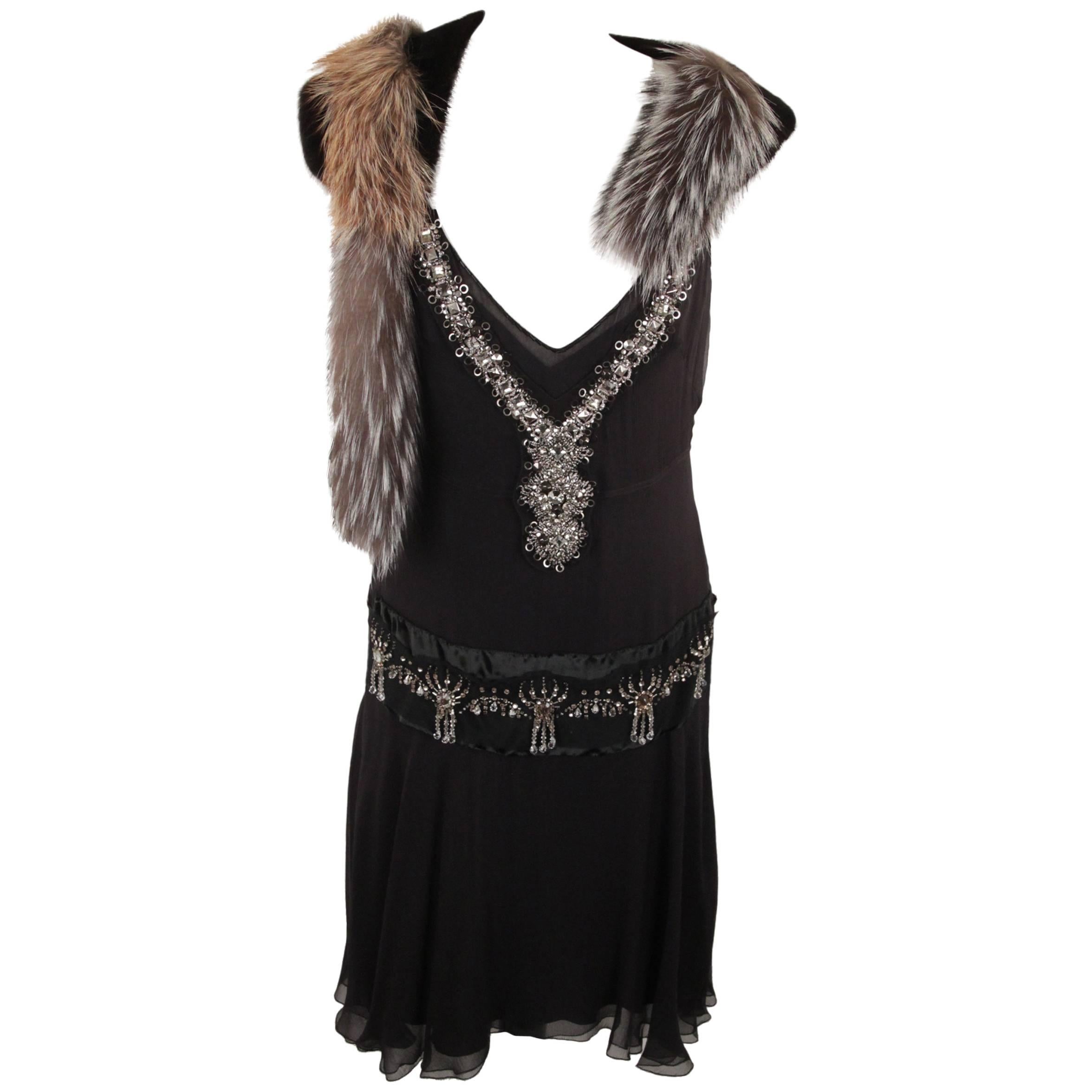 PRADA Black Sleeveless Pure Silk EMBELLISHED DRESS w/ FOX FUR Trim SIZE 42